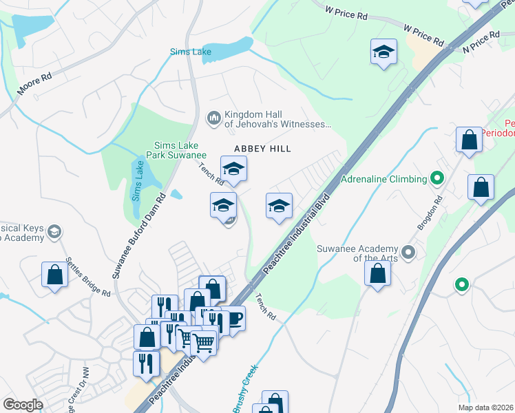 map of restaurants, bars, coffee shops, grocery stores, and more near 4485 Tench Road in Suwanee