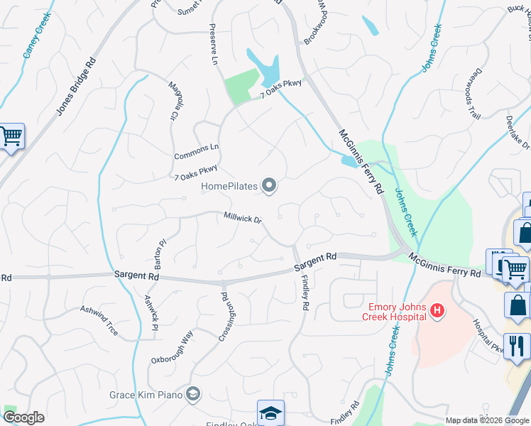 map of restaurants, bars, coffee shops, grocery stores, and more near 12075 Meadows Lane in Alpharetta