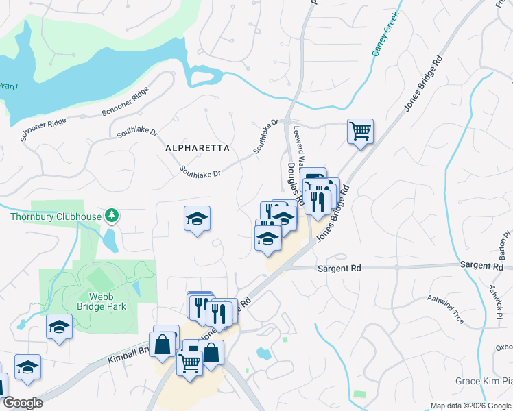 map of restaurants, bars, coffee shops, grocery stores, and more near 933 Hawkhorn Court in Alpharetta