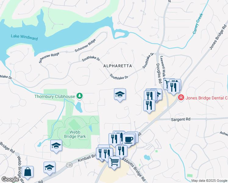 map of restaurants, bars, coffee shops, grocery stores, and more near 13055 Fox Road in Alpharetta