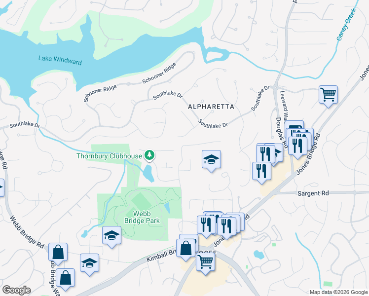 map of restaurants, bars, coffee shops, grocery stores, and more near 13015 Fox Road in Alpharetta