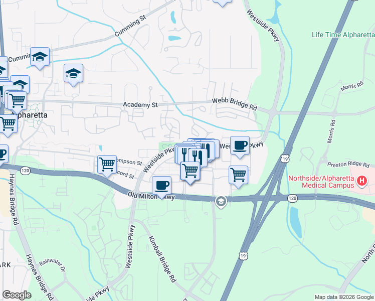 map of restaurants, bars, coffee shops, grocery stores, and more near 2400 Newport Landing in Alpharetta