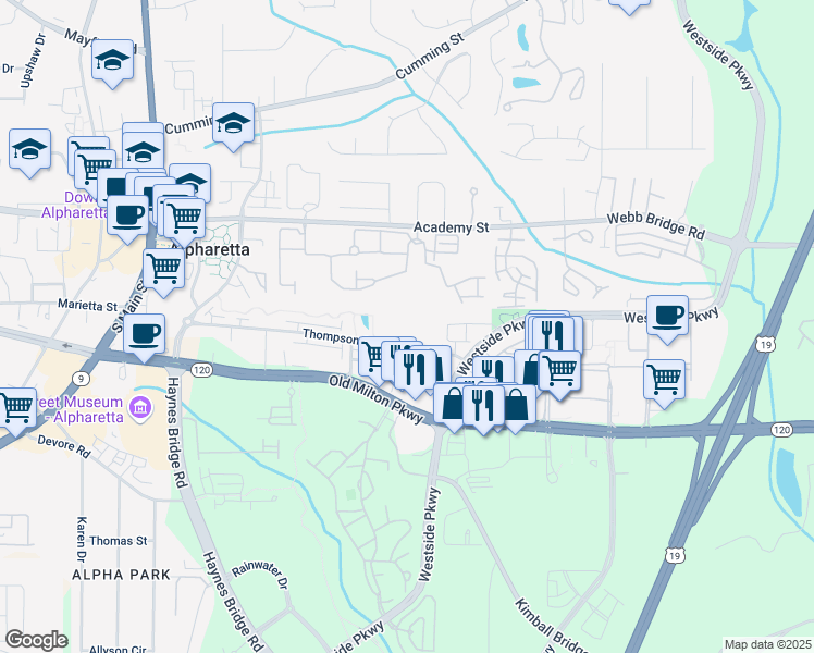 map of restaurants, bars, coffee shops, grocery stores, and more near 276 Thompson Street in Alpharetta