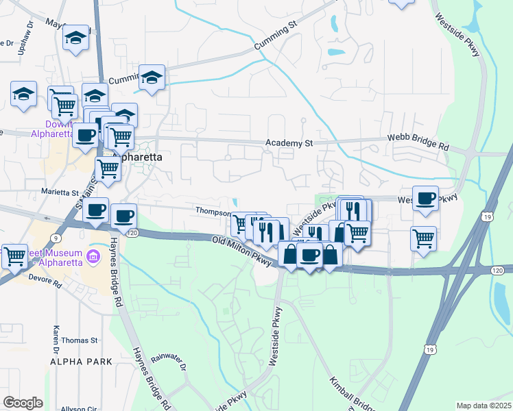 map of restaurants, bars, coffee shops, grocery stores, and more near 272 Thompson Street in Alpharetta