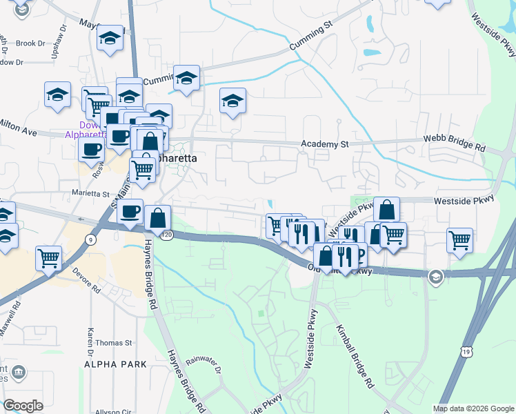 map of restaurants, bars, coffee shops, grocery stores, and more near 12300 Dancliff Trce in Alpharetta
