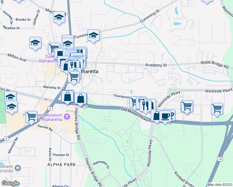 map of restaurants, bars, coffee shops, grocery stores, and more near 375 Banbury Crossing in Alpharetta