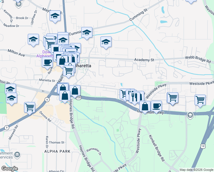 map of restaurants, bars, coffee shops, grocery stores, and more near 164 Thompson Street in Alpharetta