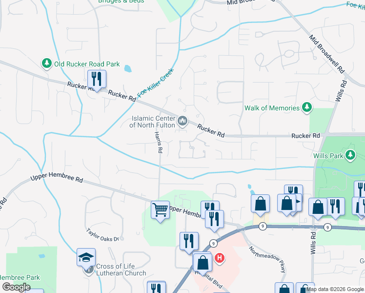 map of restaurants, bars, coffee shops, grocery stores, and more near 219 Dennis Drive in Alpharetta