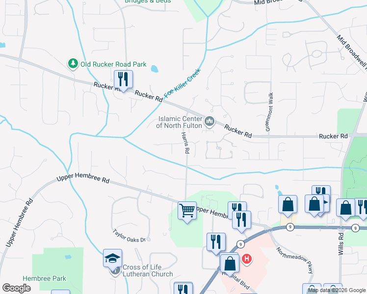 map of restaurants, bars, coffee shops, grocery stores, and more near 695 Birch Ridge Drive in Roswell