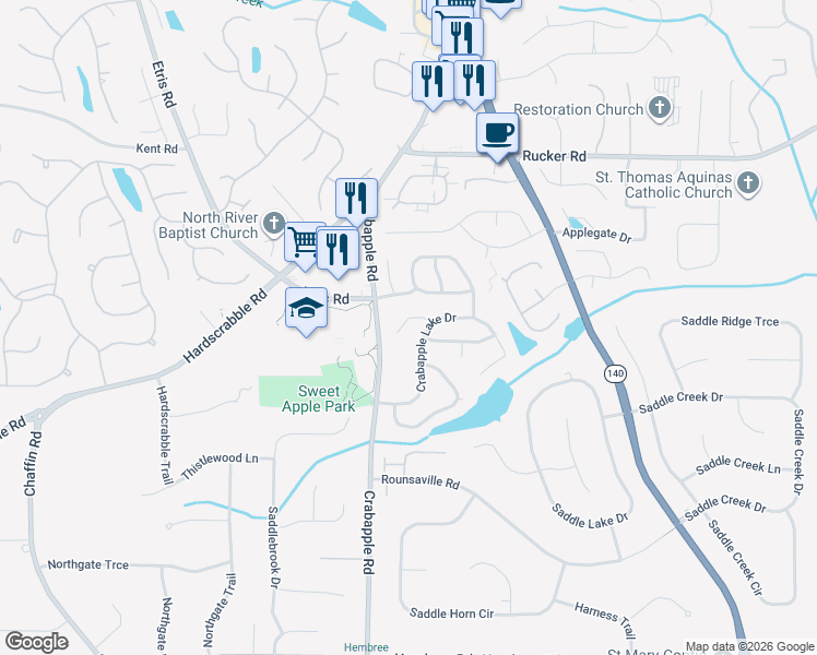 map of restaurants, bars, coffee shops, grocery stores, and more near 11985 Crabapple Road in Roswell