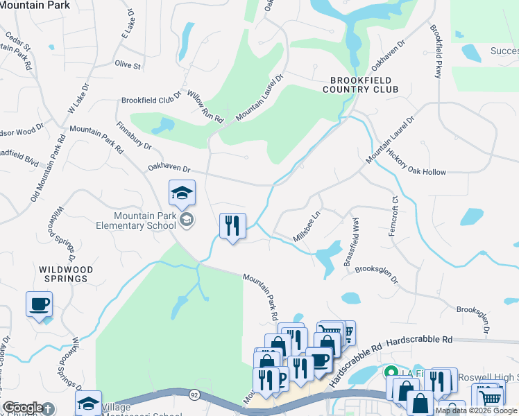 map of restaurants, bars, coffee shops, grocery stores, and more near 1350 Treebrook Court in Roswell