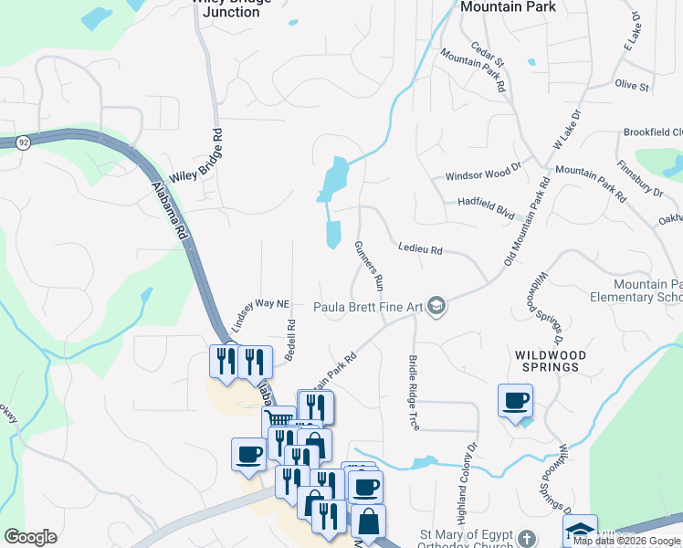 map of restaurants, bars, coffee shops, grocery stores, and more near 4991 Gunners Pass in Roswell