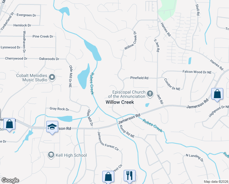 map of restaurants, bars, coffee shops, grocery stores, and more near 4911 Willow Cove Way in Marietta