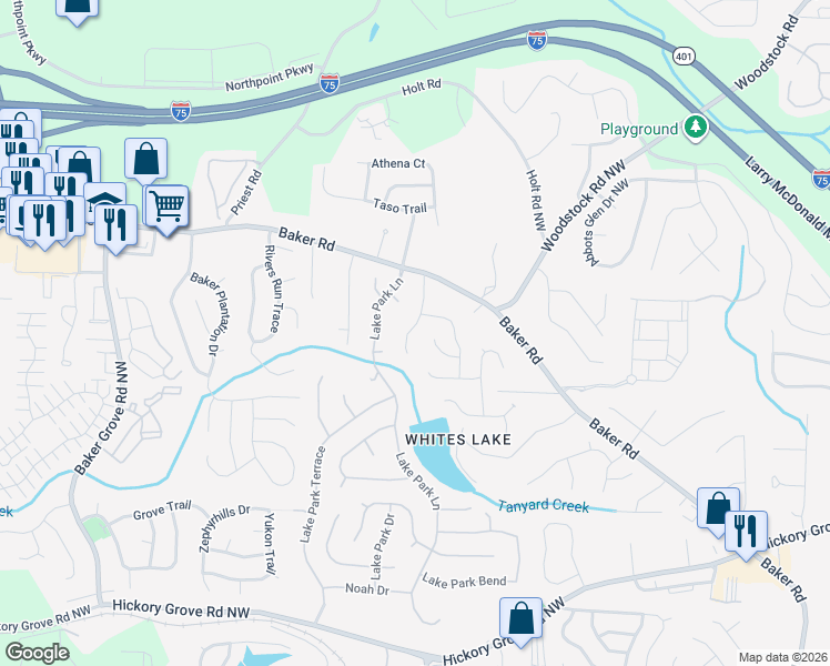 map of restaurants, bars, coffee shops, grocery stores, and more near 2941 Lighthouse Lane in Acworth