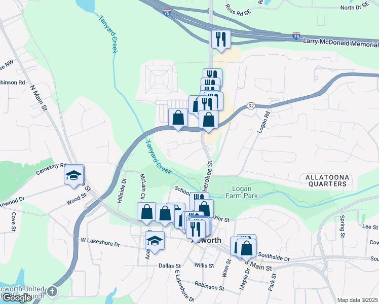 map of restaurants, bars, coffee shops, grocery stores, and more near 4971 Jenny Drive in Acworth