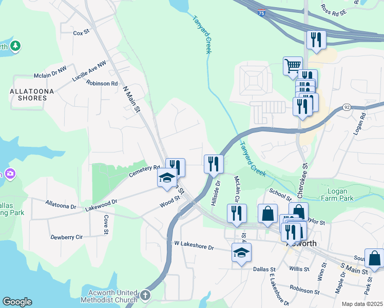 map of restaurants, bars, coffee shops, grocery stores, and more near 4669 Emerald Willow Drive in Acworth