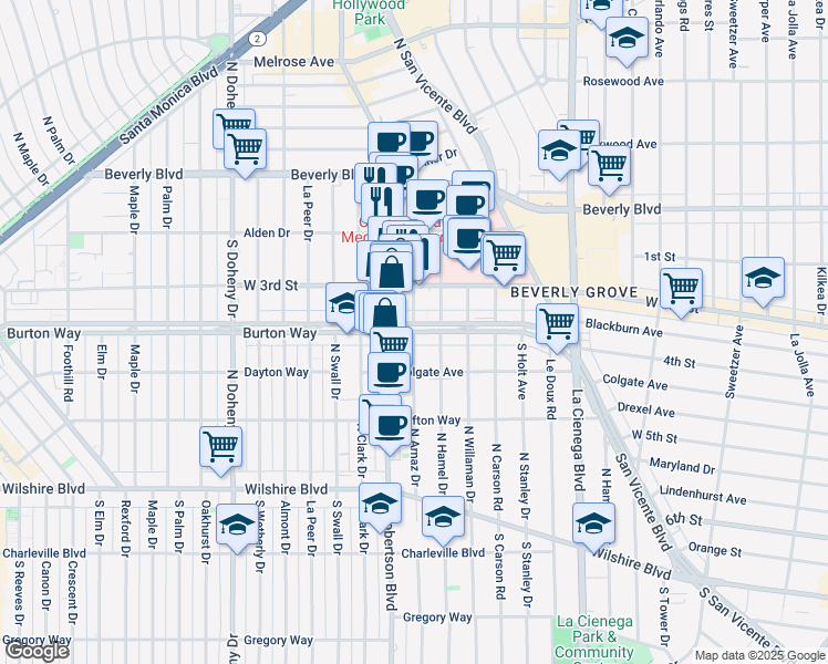 map of restaurants, bars, coffee shops, grocery stores, and more near Arnaz Drive in West Hollywood