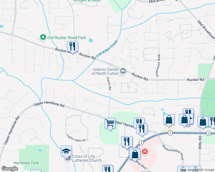 map of restaurants, bars, coffee shops, grocery stores, and more near 695 Birch Ridge Drive in Roswell