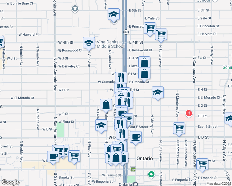 map of restaurants, bars, coffee shops, grocery stores, and more near 127 East H Street in Ontario