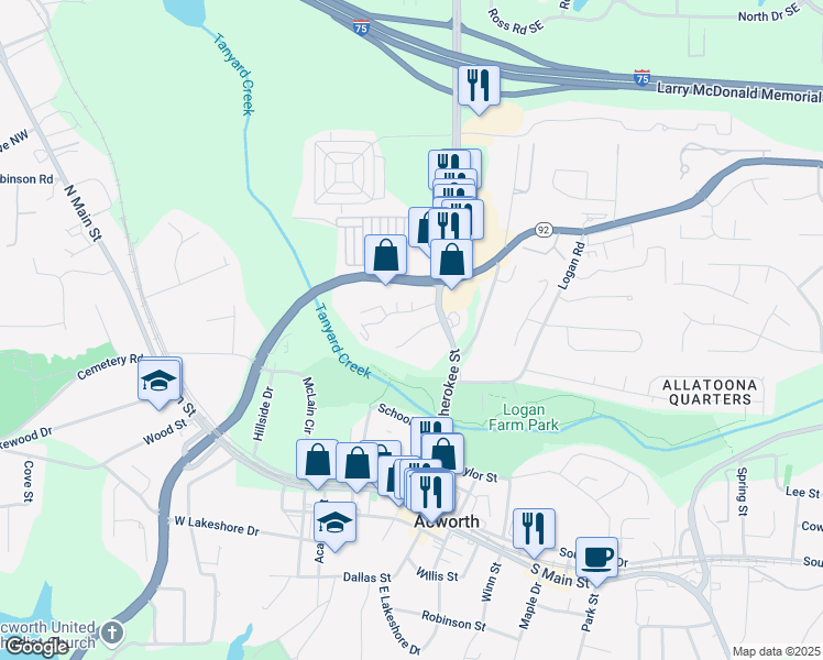 map of restaurants, bars, coffee shops, grocery stores, and more near 4971 Jenny Drive in Acworth