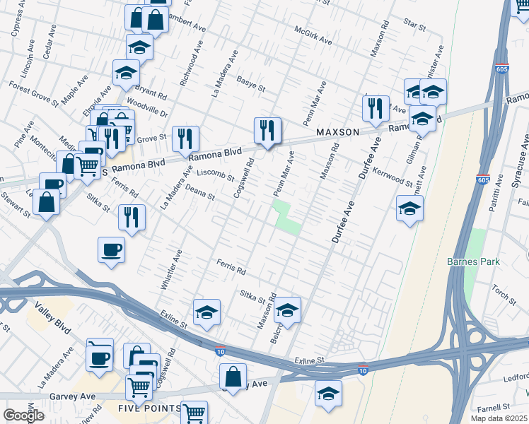 map of restaurants, bars, coffee shops, grocery stores, and more near 3815 Penn Mar Avenue in El Monte