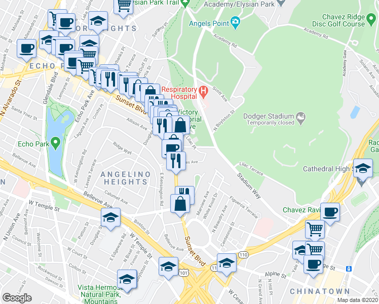 map of restaurants, bars, coffee shops, grocery stores, and more near 1240 Elysian Park Avenue in Los Angeles