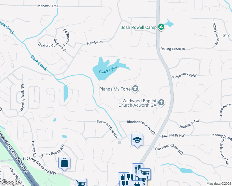 map of restaurants, bars, coffee shops, grocery stores, and more near 1300 Woolf Valley Court Northwest in Acworth