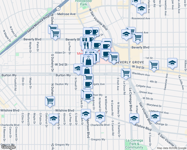 map of restaurants, bars, coffee shops, grocery stores, and more near Arnaz Drive in West Hollywood