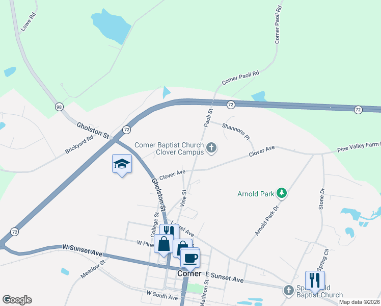 map of restaurants, bars, coffee shops, grocery stores, and more near 2615 Paoli Street in Comer