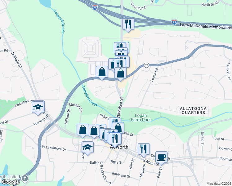 map of restaurants, bars, coffee shops, grocery stores, and more near 5102 Jenny Drive in Acworth