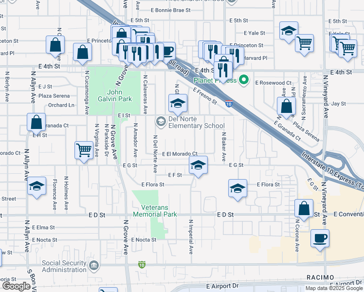 map of restaurants, bars, coffee shops, grocery stores, and more near 760 North Glenn Avenue in Ontario