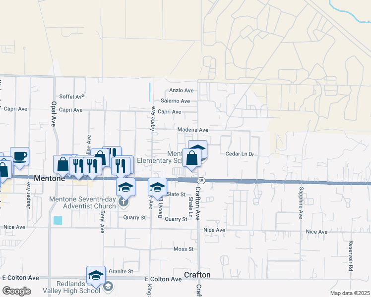 map of restaurants, bars, coffee shops, grocery stores, and more near 1365 Crafton Avenue in Mentone
