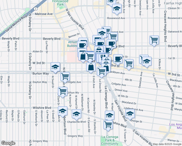 map of restaurants, bars, coffee shops, grocery stores, and more near 8569 Burton Way in Los Angeles