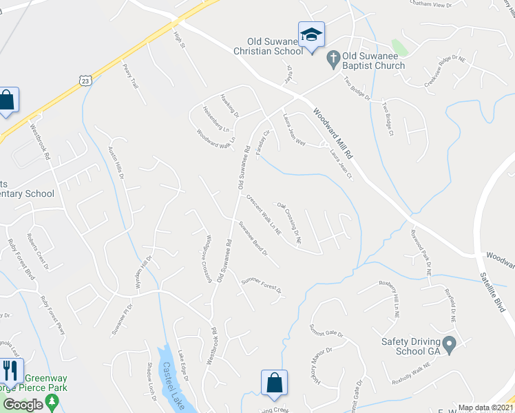 map of restaurants, bars, coffee shops, grocery stores, and more near 4005 Crescent Walk Lane Northeast in Suwanee