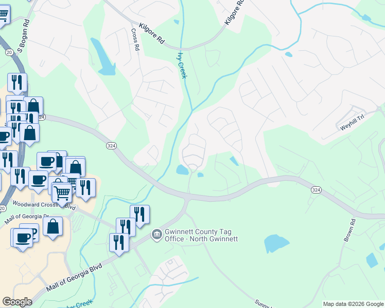 map of restaurants, bars, coffee shops, grocery stores, and more near 2148 Spikerush Way in Buford