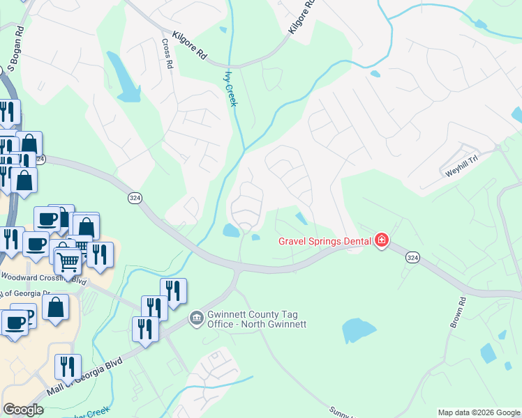 map of restaurants, bars, coffee shops, grocery stores, and more near 3178 Cedar Glade Lane Northeast in Buford