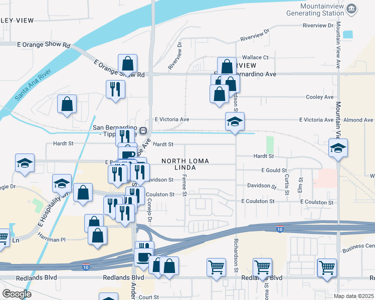 map of restaurants, bars, coffee shops, grocery stores, and more near 1369 Hardt Street in San Bernardino