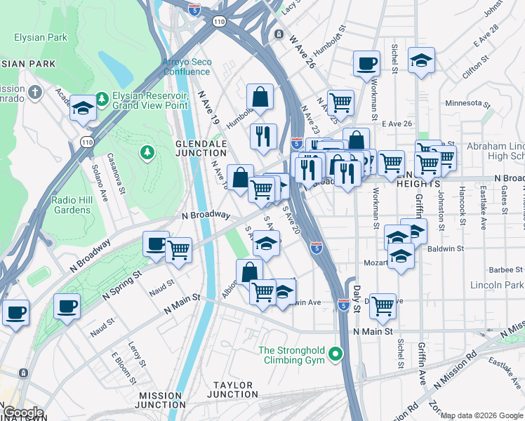map of restaurants, bars, coffee shops, grocery stores, and more near N Broadway & S Ave 19 in Los Angeles