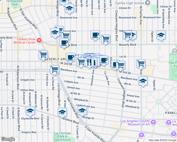 map of restaurants, bars, coffee shops, grocery stores, and more near 8330 West 3rd Street in Los Angeles