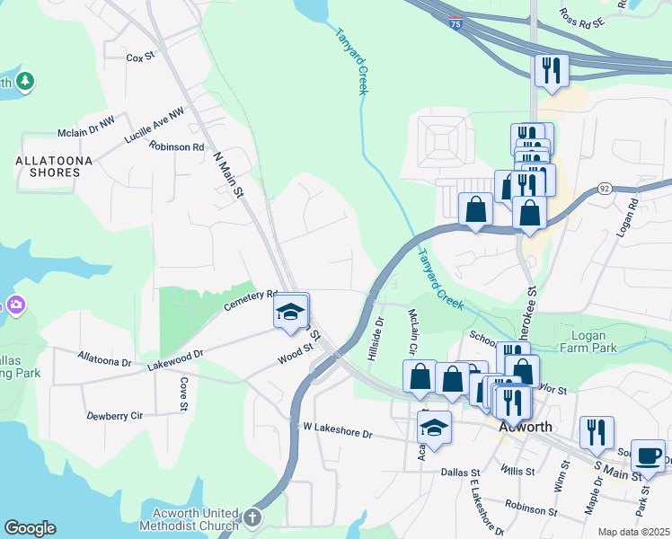 map of restaurants, bars, coffee shops, grocery stores, and more near 4669 Emerald Willow Drive in Acworth