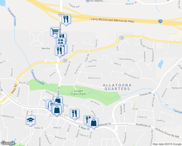 map of restaurants, bars, coffee shops, grocery stores, and more near 4247 Brandy Ann Drive in Acworth