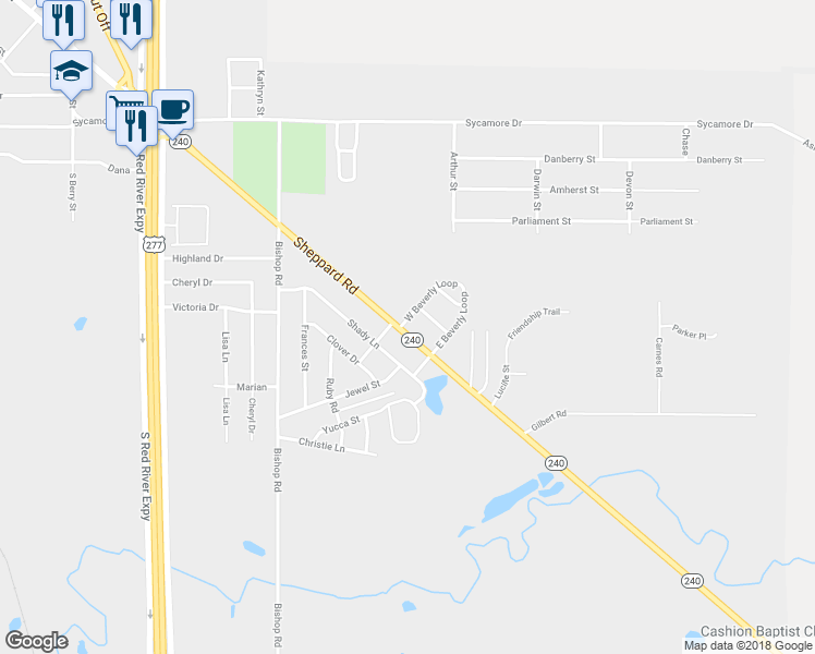 map of restaurants, bars, coffee shops, grocery stores, and more near 1301 Texas 240 in Burkburnett