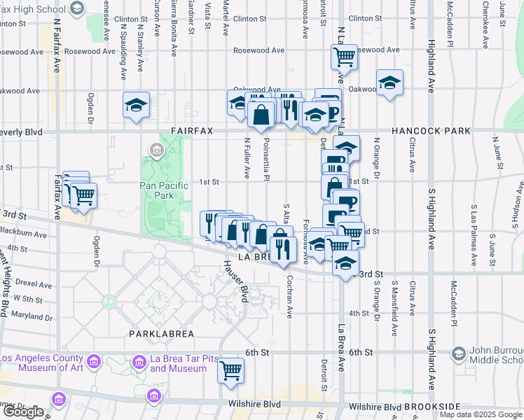 map of restaurants, bars, coffee shops, grocery stores, and more near 147 South Poinsettia Place in Los Angeles