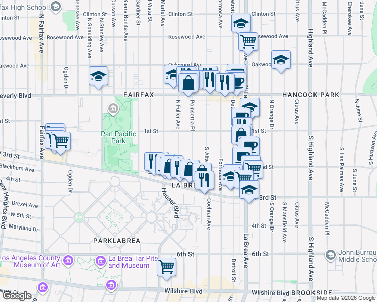 map of restaurants, bars, coffee shops, grocery stores, and more near 147 South Poinsettia Place in Los Angeles