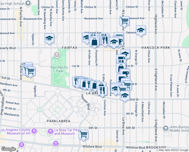 map of restaurants, bars, coffee shops, grocery stores, and more near 130 South Poinsettia Place in Los Angeles