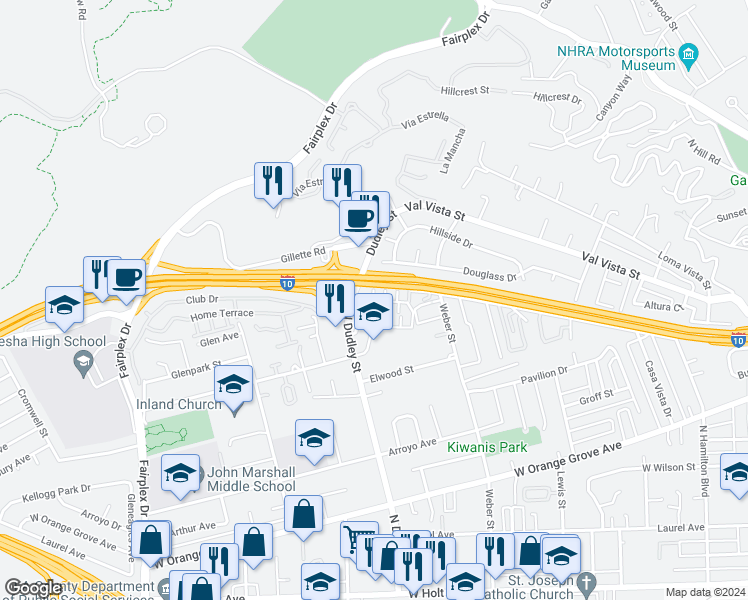 map of restaurants, bars, coffee shops, grocery stores, and more near 1483 Thunder Court in Pomona
