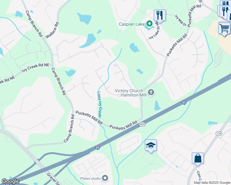 map of restaurants, bars, coffee shops, grocery stores, and more near 2880 Ivy Brook Lane Northeast in Buford