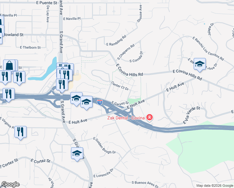 map of restaurants, bars, coffee shops, grocery stores, and more near 990 Evergreen Circle in Covina