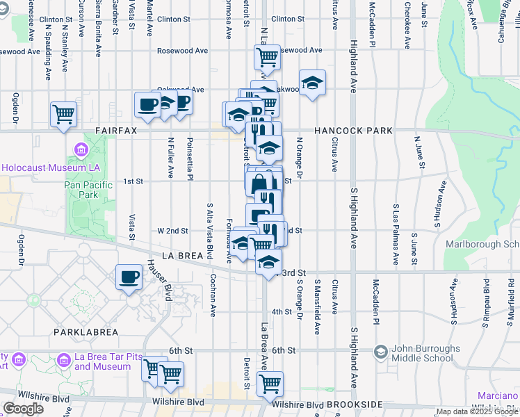 map of restaurants, bars, coffee shops, grocery stores, and more near 126 South La Brea Avenue in Los Angeles