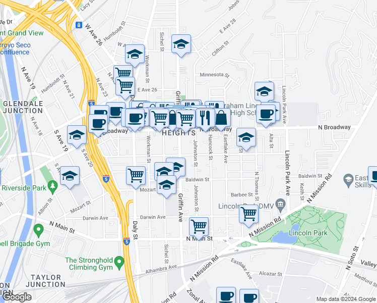 map of restaurants, bars, coffee shops, grocery stores, and more near 2919 Manitou Avenue in Los Angeles